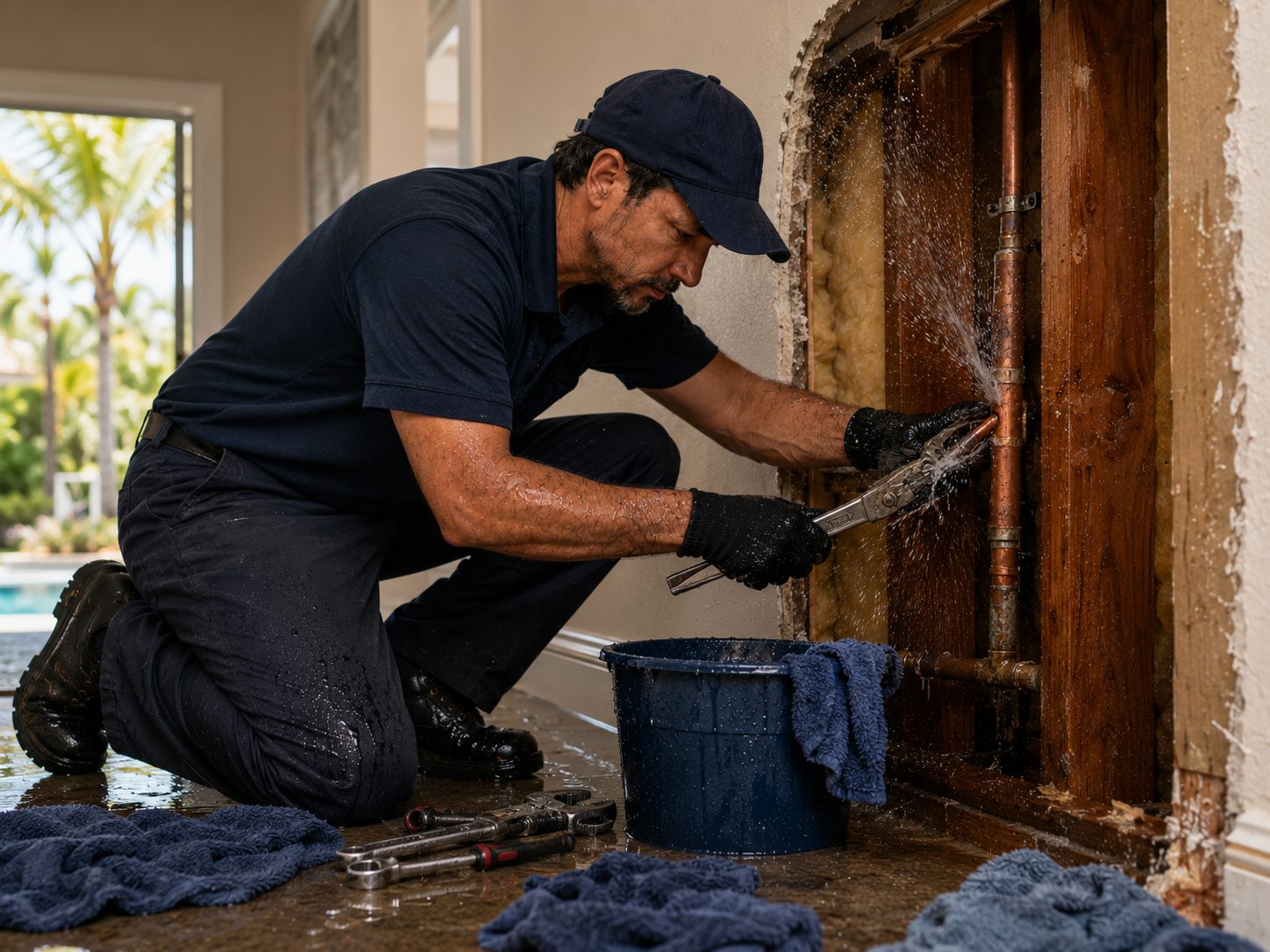 Emergency burst pipe repair inside a Florida home