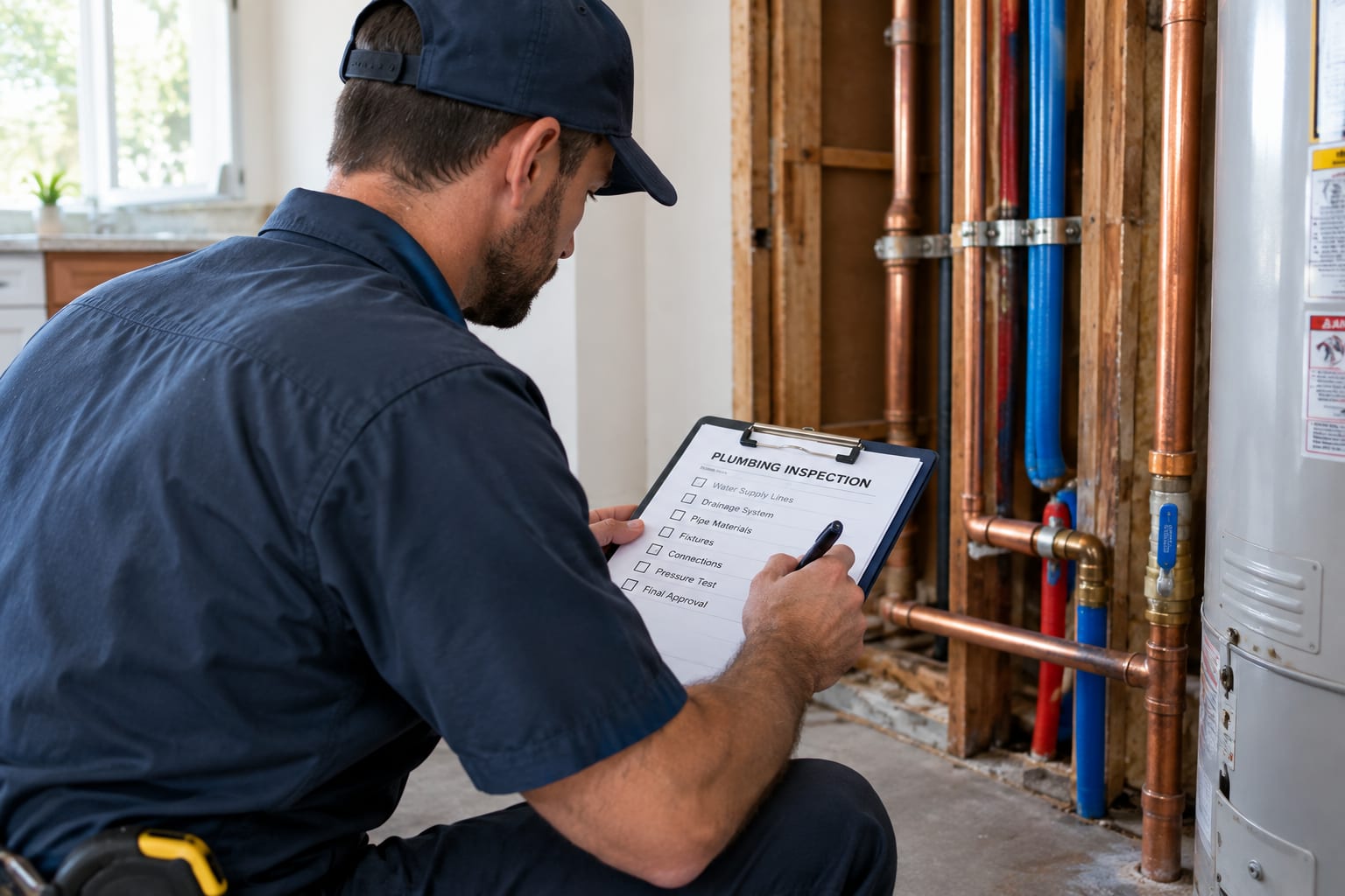 Plumber and inspector reviewing a permitted repipe installation