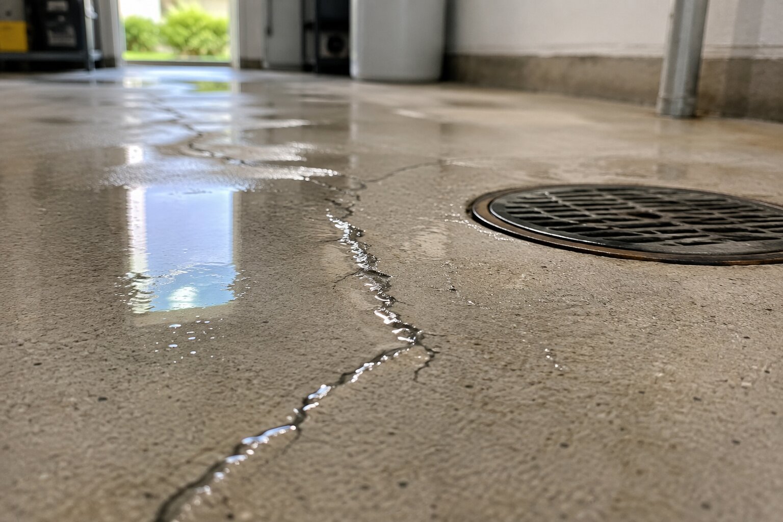 Water coming up through a slab crack or floor drain in a Central Florida home