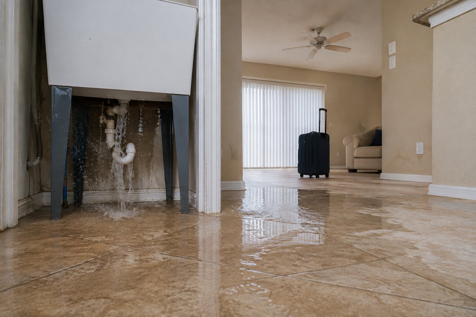 Water damage from a pipe burst in a vacant snowbird second home