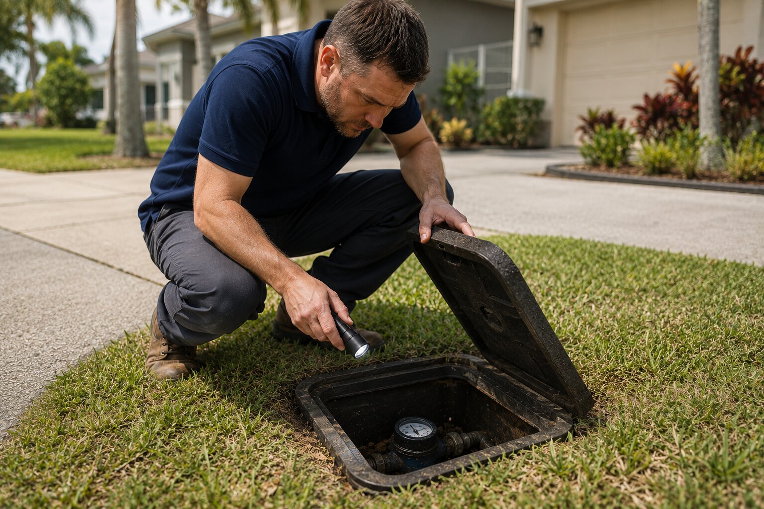 Checking a water meter leak indicator for a hidden leak in Orlando